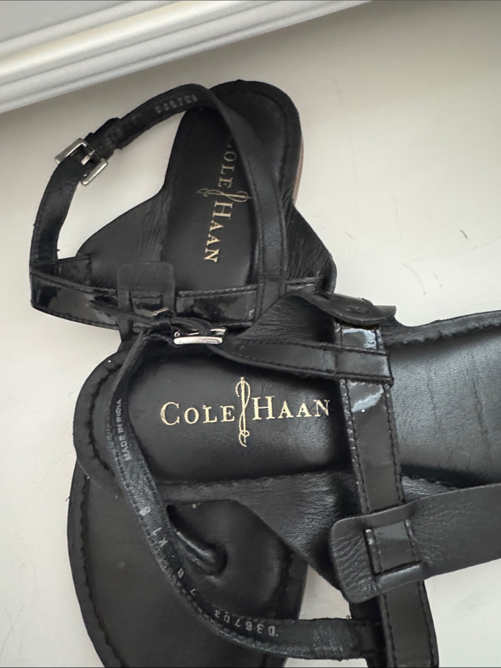 Cole Haan Black Leather T-Strap Sandals - Picture 2 of 5